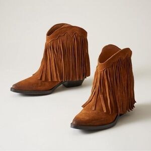 Sundance Suede Fringe Pointed Toe Ankle Boot in Brown Size EU 37 US 6.5